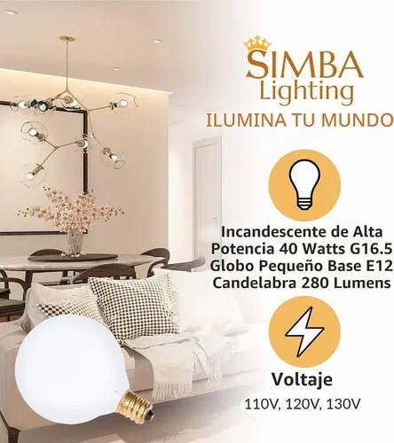 Vista 3 de Simba Lighting Bombilla pequeña de globo G16.5 redonda de 40 W, base E12 de candelabro (paquete de 10) para candelabro, luz de ventilador de techo