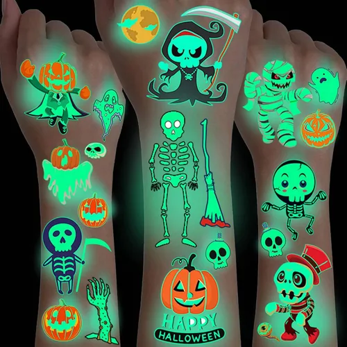Vista 10 de 52 hojas de tatuajes temporales de Halloween para niños, niñas, mujeres, hombres, adultos, 3D de cara aterradora, calavera, tatuajes falsos