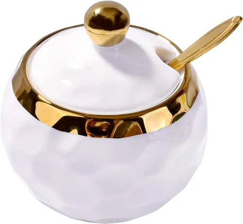 Vista 8 de Azucarero de cerámica con cuchara, tarro de azúcar con borde dorado, recipiente de sal de cerámica en forma de golf con tapa para el hogar