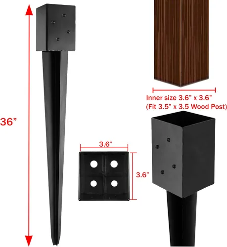 Vista 2 de LADECH Anclaje con Pico para Poste de Cerca 4x4 de 36" de Longitud Metal Negro con Recubrimiento en Polvo – Anclajes para Poste de Buzón – Se Ajusta
