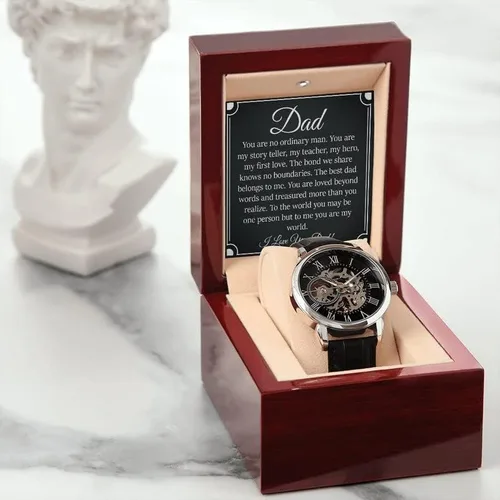 Vista 2 de Reloj calado para hombre con tarjeta de mensaje especial, reloj personalizado para papá, mi vida entera, reloj de esqueleto para hombre, reloj