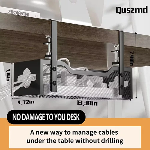 Vista 2 de Paquete de 2 bandejas para organizar cables debajo del escritorio, organizador de cables de 13.38 pulgadas sin taladros, organizador de cables