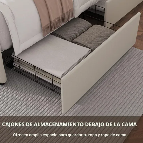 Vista 4 de TTVIEW Base de cama de tamaño matrimonial con 4 cajones de almacenamiento y cabecera ajustable, plataforma tapizada con diseño capitoné, soporte