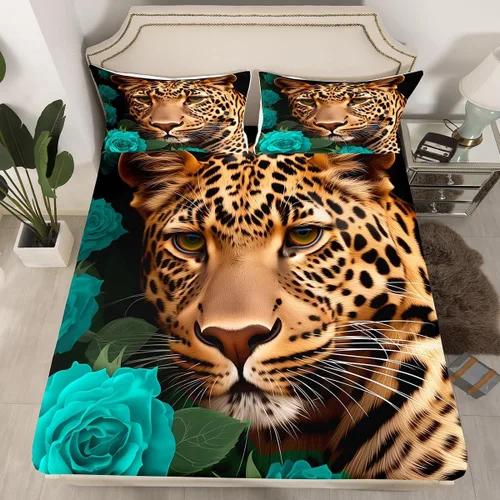 Vista 22 de Erosebridal Juego de sábanas bajeras de rosas rojas y leopardo, tamaño individual, diseño de animales africanos salvajes, diseño de plantas