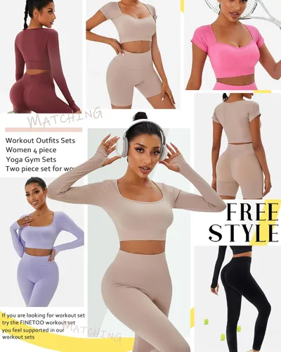 Vista 6 de FINETOO Conjunto de 4 piezas de entrenamiento para mujer, acanalado, sin costuras, manga larga, camiseta deportiva, sin mangas, cintura alta