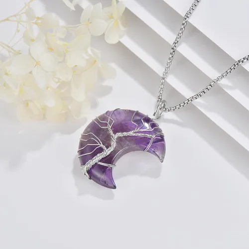 Vista 6 de Collar de luna de amatista para mujer, colgante de luna de cristal morado, árbol de la vida, joyería de regalo de Navidad para novia y madre, Acero