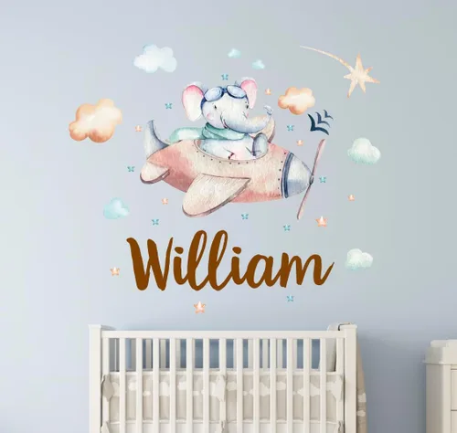 Vista 4 de Calcomanías de pared personalizadas con nombre de avión de elefante, para dormitorio de niños, calcomanías de pared de nubes de selva de aviones