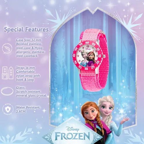 Vista 4 de Disney Frozen - Reloj analógico de nailon para niños, bisel de acero inoxidable, con correa de nailon