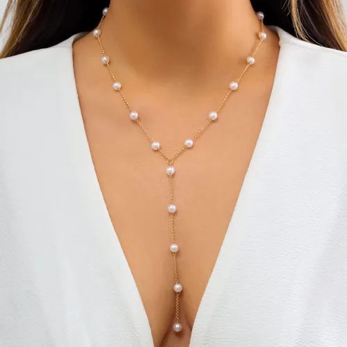 Vista 5 de Delicado collar de perlas para mujer, collar de oro y perlas, collar largo bohemio de perlas sintéticas para playa, joyería de perlas para mujer