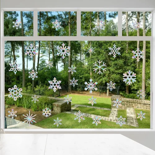 Vista 4 de 36 calcomanías anticolisión de copo de nieve – Salva a los pájaros de colisiones en ventanas, calcomanías de vinilo reutilizables arcoíris