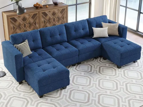 Vista 3 de Belffin Sofá modular modular en forma de U de almacenamiento reversible con tumbonas dobles, juego de sofá modular con tela otomana, color azul