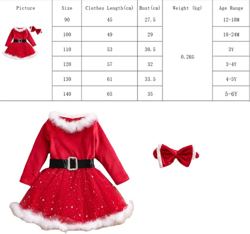 Vista 5 de BBAUER Disfraz de Santa Claus, vestido de manga larga de Xmmas Mrs. Claus, traje de Papá Noel con ribete fruncido, lazo rojo de la señora Claus
