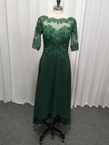 Vista 4 de A Line Tea Length Mother of The Bride Dress with Sleeve Half Sheer Lace Applique Chiffon Formal Evening Party Gowns for Women