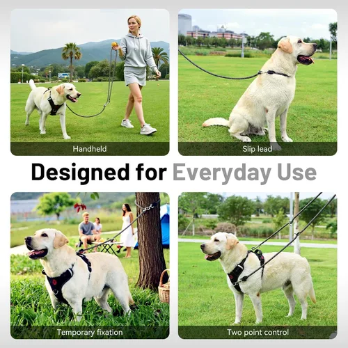 Vista 6 de Correa para perro manos libres, ajustable de 4 pies con asas acolchadas, color negro