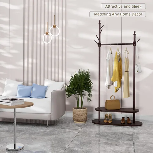 Vista 2 de Perchero de dos niveles independiente, fácil de montar, 8 ganchos, perchero de madera con almacenamiento para zapatos, árbol de abrigo resistente