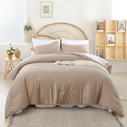 Vista 26 de weigelia Juego de edredón individual de 5 piezas beige en una bolsa, suave juego de ropa de cama Queen ligero para mujeres y hombres
