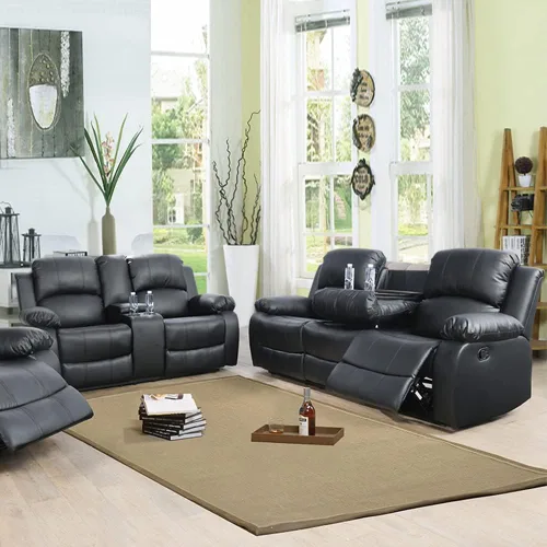 Vista 28 de Juego de muebles de sala de estar, juego de sofá reclinable de cuero, sofá reclinable y sofá biplaza, juego de sofá de cuero beige, juego de muebles