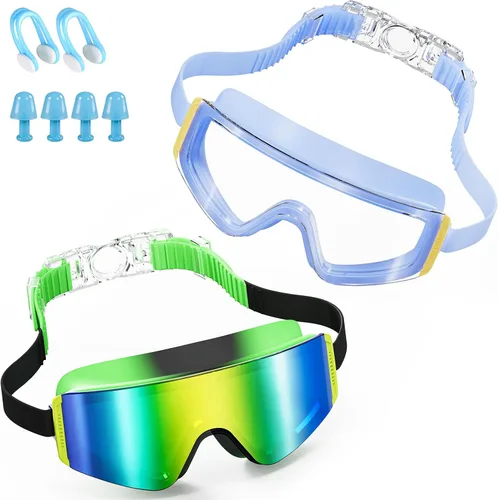 Vista 10 de Aegend Paquete de 2 gafas de natación para niños, marco grande, antivaho, silicona suave, a prueba de fugas, protección UV para niños y niñas de 3 a