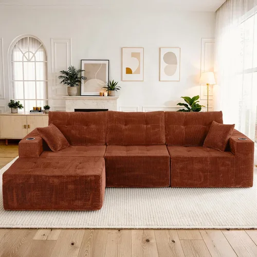 Vista 8 de Sofá modular modular de 113 pulgadas para sala de estar, sofá convertible en forma de L con otomana, sofá modular seccional, pana marrón rojizo