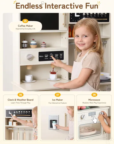 Vista 5 de besrey Juego de cocina para niños, juego de cocina de madera para niños con luces y sonidos reales, cocina de juguete para niños pequeños