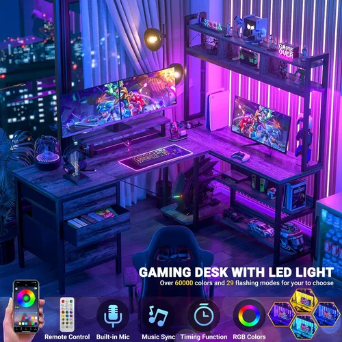Vista 3 de Aheaplus Escritorio en forma de L con alacena, escritorio para juegos con luces LED, escritorio reversible para computadora con toma de corriente