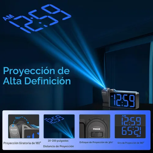 Vista 2 de Peakeep Projection Alarm Clock for Bedroom Ceiling 180° Rotatable, Loud for Heavy Sleepers, Colorful Nightlight, 5 Brightness Dimmable Large Number