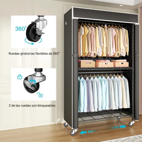 Vista 2 de FUTASSI Perchero para ropa con cubierta, armarios rodantes P1C con ruedas, perchero de metal para colgar ropa, armario de almacenamiento de ropa