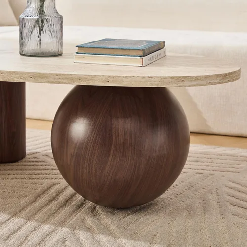 Vista 4 de Mesa auxiliar ovalada moderna de 55 pulgadas, patas de diseño de nogal y mesa curva con acabado de mármol sintético, mesa central de sofá de madera