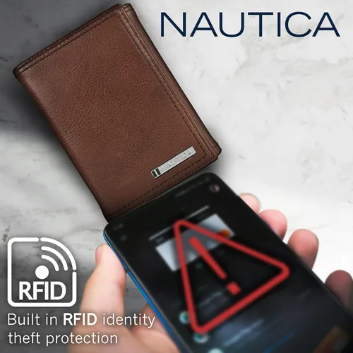 Vista 17 de Nautica Men's Trifold Wallet RFID Blocking Protection ID Window Card Slots Genuine Leather Durable