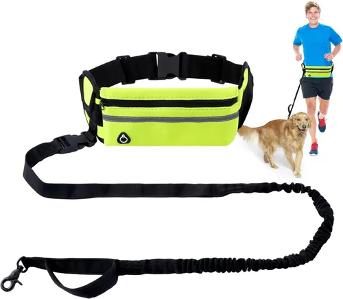 Vista 7 de Correa de perro manos libres, correas para correr en la cintura con bolsa con cremallera, cinturón reflectante ajustable, mango doble, elástico