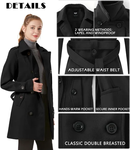 Vista 5 de GGleaf Abrigo clásico de doble botonadura para mujer, gabardina delgada de invierno con cinturón