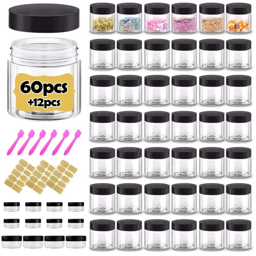 Vista 10 de Recipientes de plástico de 1 oz con tapas, 60 tarros de plástico con tapas + 12 recipientes de muestra de 3/5/0.35 oz, tarro de viaje, ideal