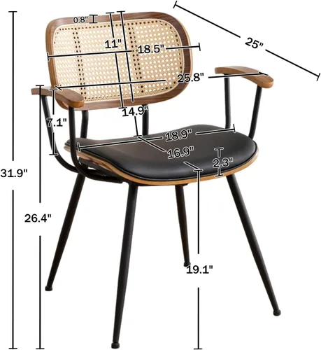 Vista 2 de Juego de 2 sillas de comedor de ratán, sillas auxiliares de cocina modernas de mediados de siglo, sillas de escritorio con patas de metal, sillas
