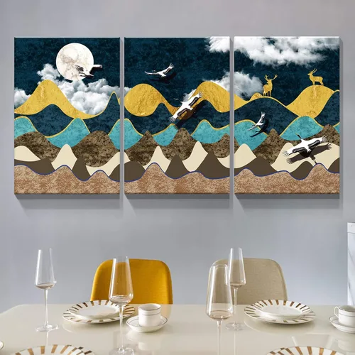 Vista 3 de Denozer 3 paneles de lienzo abstracto de estilo nórdico, arte de pared, paisaje de montaña, impresiones artísticas de luna y noche, póster