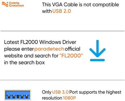 Vista 3 de CableCreation Cable USB 3.0 a VGA de 6 pies, cable adaptador VGA a USB 1080P @ 60Hz, tarjeta de video externa, solo compatible con Windows 10/8.1/8