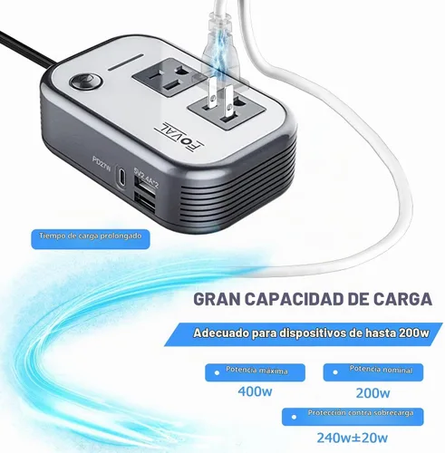 Vista 3 de FOVAL Inversor de corriente para automóvil de 200 W, CC 12 V a 110 V CA, cargador rápido para portátil con convertidor [USB-C PD de 27 W] y puertos
