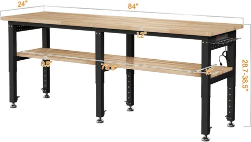 Vista 2 de Albott Banco de Trabajo Ajustable de 84" de 2 Niveles con Parte Superior de Madera Maciza, Capacidad Máxima de 2000lbs, Tira de Alimentación