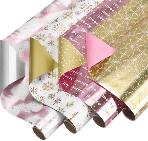 Vista 12 de American Greetings - Rollos de papel de regalo de Navidad de aluminio, envoltura de regalo festiva metálica en amarillo dorado y negro