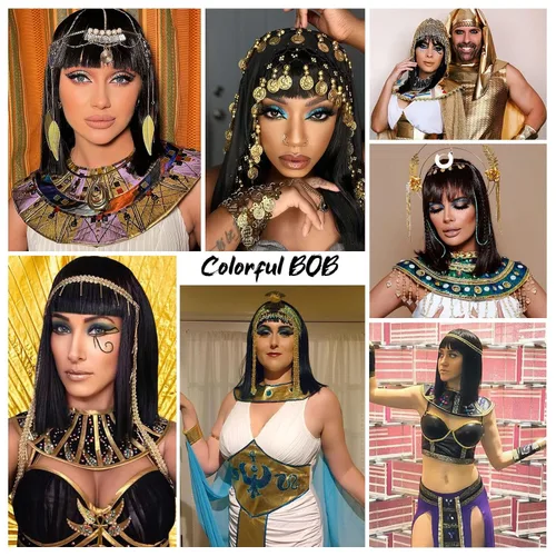Vista 84 de Peluca de cosplay estilo Bob azul oscuro + horquilla de libélula + collar para fiesta, disfraz de Halloween, peluca de mujer