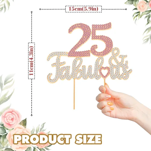 Vista 2 de 25 y fabulosa decoración de pastel de diamantes de imitación dorados y rosados – Feliz cumpleaños 25 años saluda a 25 años de edad, decoración