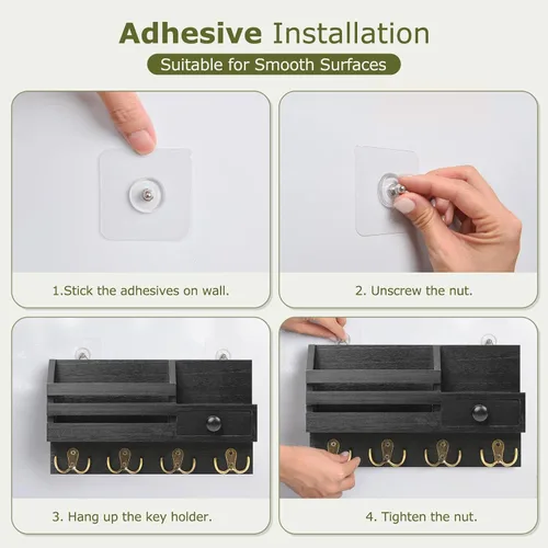 Vista 7 de Soporte para llaves de pared, organizador de correo adhesivo de madera y llaves con cajón, estante pequeño, 8 ganchos, 2 métodos de instalación