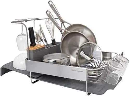 Vista 20 de KitchenAid Escurridor de platos compacto, que ahorra espacio, resistente al óxido con organizador de cubiertos extraíble y bandeja de escurrido Negro