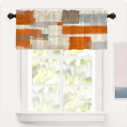 Vista 93 de Shrahala Beige and Orange Abstract Art Brushstrokes Blackout Curtain Tiers, Abstract Oil Paint Kitchen Valance Light Blocking Tier Drapes with Rod