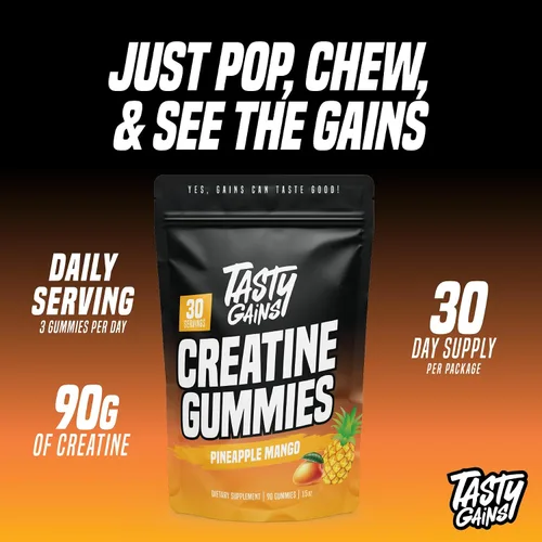 Vista 2 de TASTY GAINS Gomitas de Creatina - 90g de Monohidrato de Creatina - Suplementos para Entrenamiento - Construye Músculo y Aumenta la Fuerza