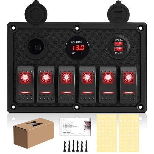 Vista 25 de Panel de interruptores de barco marino de 5 posiciones con cargador USB dual y voltímetro, panel de interruptores basculantes de aluminio