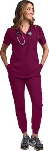 Vista 6 de Green Town Conjunto de ropa quirúrgica para mujer, pantalón deportivo y parte superior con cuello en V, 5 bolsillos, cintura de yoga, uniforme