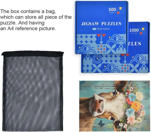 Vista 7 de Cow Floral Jigsaw Puzzles 500 Pieces for Adults with Mesh Storage Bag 2011288