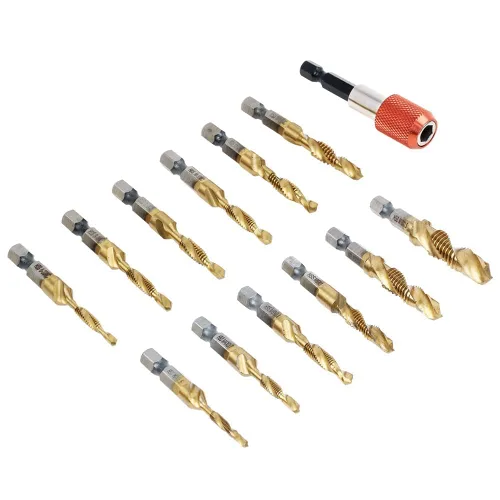 Vista 5 de Juego de brocas combinadas de titanio, 13 piezas, SAE y métricas, kit de brocas para roscas de tornillo, roscado, desbarbado, avellanado