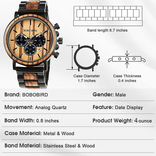 Vista 7 de BOBO BIRD Relojes de madera para hombre, con cronógrafo combinado de madera y acero inoxidable, cuarzo militar, relojes de pulsera casuales