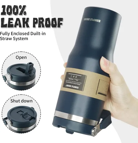 Vista 5 de Botella de agua aislada con pajilla abatible de 30 onzas con asa, vaso de acero inoxidable a prueba de fugas, taza de café de viaje al vacío